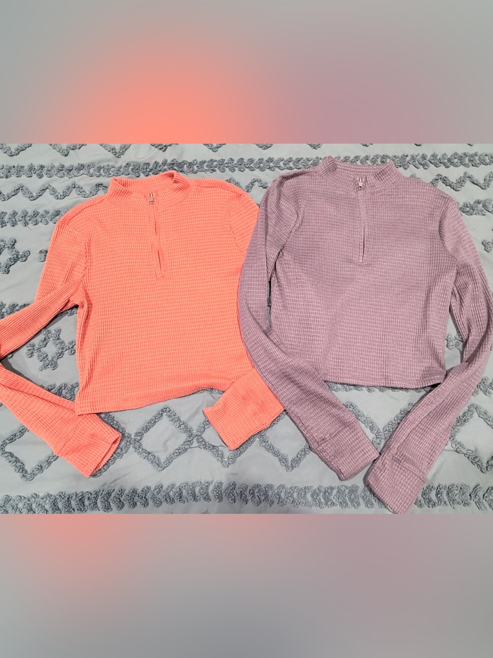 SO 2-Pack Waffle Knit Quarter Zip Crop Pullovers M Coral & Lavender